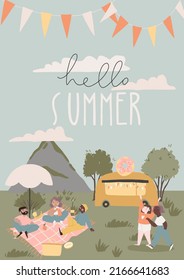 Summer park scene poster. Spring outdoor family, kids event affiche. People in different situations, have fun, dancing, eating, drinking, meeting friends. Vector flat illustration cartoon style