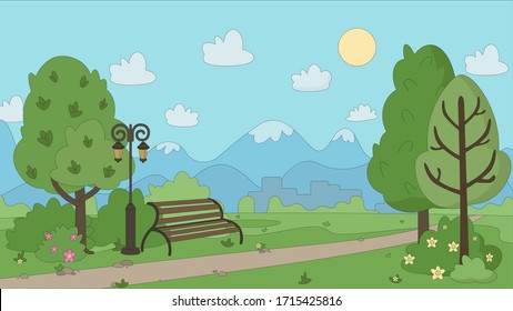 Summer park tree sun cloud bench lamp trail