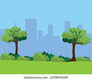 Summer park with trees and bushes in a big city. Nature in the city. Vector illustration in flat style