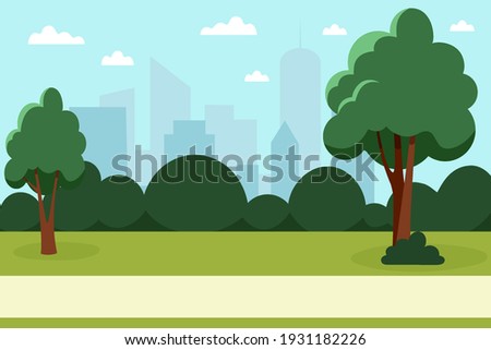 Summer park with trees and bushes in a big city. Nature in the city. Vector illustration in flat style