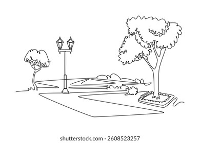 Summer park with trees, walking path and lamp posts. Park concept. Single line draw design. Vector graphic illustration