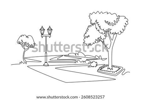 Summer park with trees, walking path and lamp posts. Park concept. Single line draw design. Vector graphic illustration