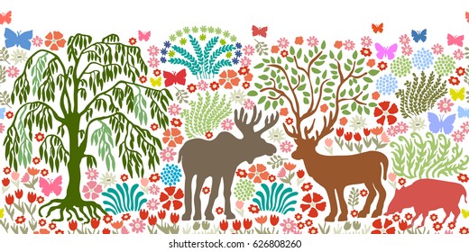Summer park with wild animals. Seamless pattern with elk, deer, boar and trees. Vector illustration inspired by folk art.