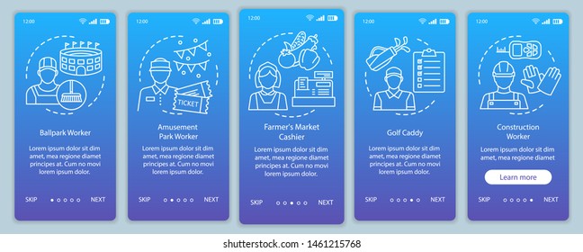 Summer part-time jobs blue onboarding mobile app page screen vector template. Cashier, caddy. Walkthrough website steps with linear illustrations. UX, UI, GUI smartphone interface concept