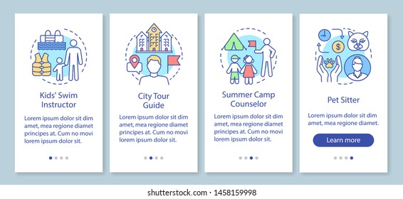 Summer part-time jobs onboarding mobile app page screen with linear concepts. Swim instructor, tour guide walkthrough steps graphic instructions. UX, UI, GUI vector template with illustrations