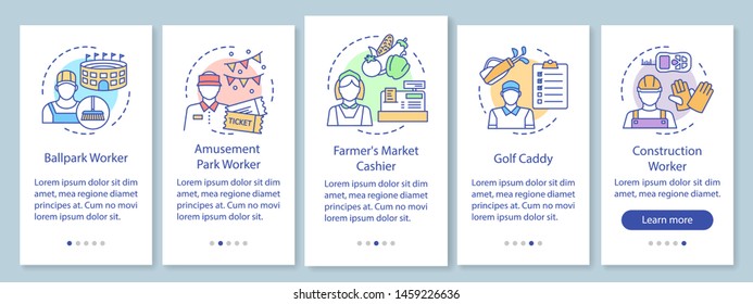 Summer part-time jobs onboarding mobile app page screen with linear concepts. Construction worker, caddy, cashier walkthrough steps graphic instructions. UX, UI, GUI vector template with illustrations