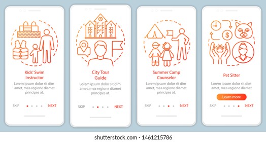 Summer part-time jobs orange onboarding mobile app page screen vector template. Swim instructor. Walkthrough website steps with linear illustrations. UX, UI, GUI smartphone interface concept