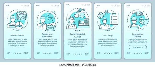 Summer part-time jobs turquoise onboarding mobile app page screen vector template. Cashier, caddy. Walkthrough website steps with linear illustrations. UX, UI, GUI smartphone interface concept