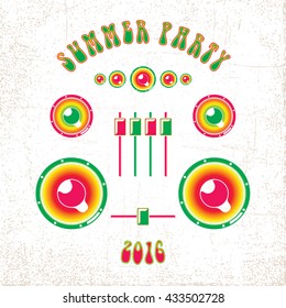 Summer Party 2016 - Rainbow Colored Speakers and Cross Faders with the Text - Green to Magenta Spectrum Elements on White and Warm Grey Grunge Background - Pictogram Flat Design
