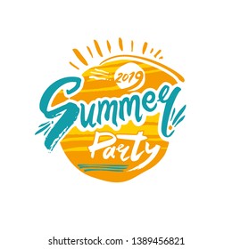 Summer Party 2019. Circle of sun with calligraphic thematic logo. Vector handwritten inscription. Bright Seasonal Label. Hot summer time.