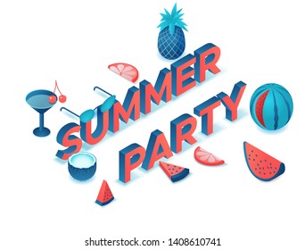 Summer party 3d isometric letters, event type, fruits, cocktail, watermelon, pineapple, modern lettering, beach elements, holiday poster, trendy font