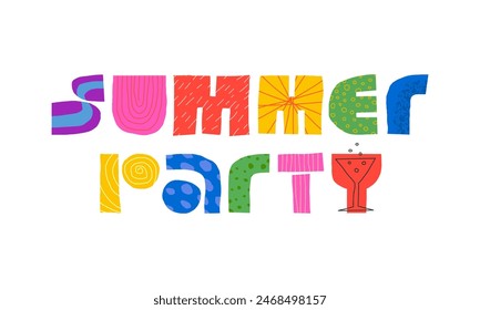 Summer party abstract creative decorative inscription concept. Colorful children naive primitive geometric shapes lettering for event. Modern trendy summertime sunny season theme creative logo