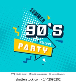Summer party ad background in pop-art style. Bright colorful text and shapes for your summer specials. Vector template.