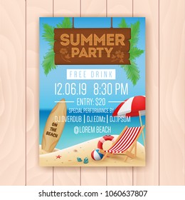 Summer party advertising poster design with hanging signboard and seascape. Vector illustration