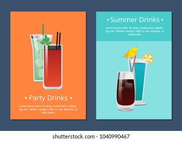 Summer party alcohol drinks poster with bloody mary cocktail, whiskey or vodka cola, blue lagoon and mojito beverage in transparent glasses vector set