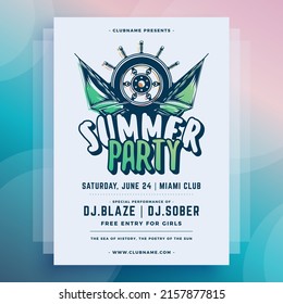 Summer party announcement poster template contoured vintage decorative design with place for text vector illustration. Beach tropical vacation social event placard with yacht ship steering wheel