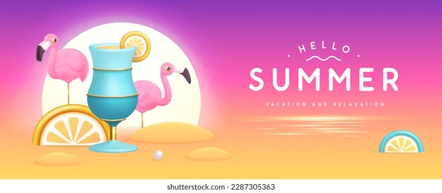 Summer party background with 3D plastic cocktail, tropic fruits and flamingo. Vector illustration