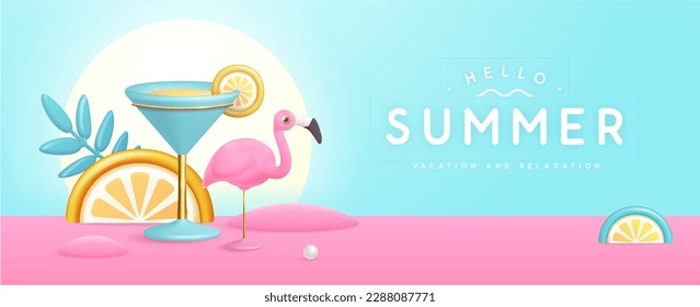 Summer party background with 3D plastic cocktail, tropic fruits and flamingo. Vector illustration