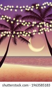 Summer party background with beach silhouettes of palm trees and garland, evening coast, sand, sky and moon.