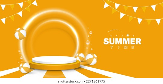 Summer party background design podium for product display with neon light, buntings, and beach balls on yellow background. Vector illustration.