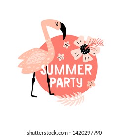 Summer party background with flamingo flowers and text. Isolated scandinavian cartoon illustration for poster or card in vector.