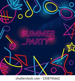 Summer party background illustration with tropical neon signs