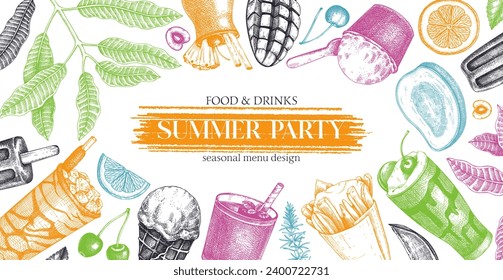 Summer party background. Non-alcoholic beverage, mocktail, ice cream, fruit, cocktail sketches. Hand drawn vector illustration. Summer food festival banner. Tropical frame design. 