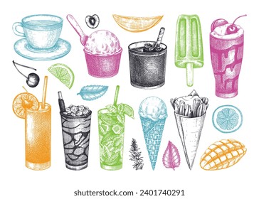 Summer party background. Non-alcoholic beverage, mocktail, ice cream, fruit, cocktail sketches. Hand drawn vector illustration. Tropical design elements. Mojito, milkshake, mangonada, Pina Colada