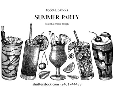 Summer party background. Non-alcoholic beverage, mocktail, cocktail sketches. Hand drawn vector illustration. Summer drinks banner. Tropical design