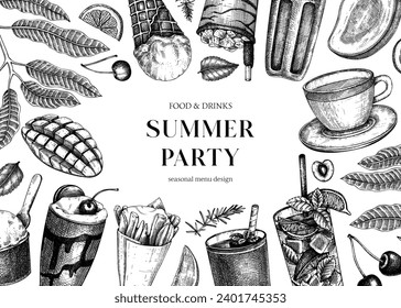 Summer party background. Non-alcoholic beverage, mocktail, ice cream, fruit, cocktail sketches. Hand drawn vector illustration. Summer food festival frame. Tropical design in vintage style