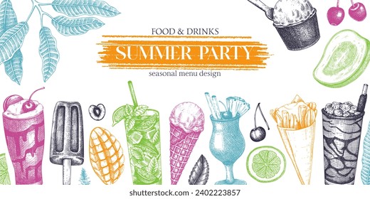 Summer party background. Non-alcoholic beverage, mocktail, ice cream, fruit, cocktail sketches. Hand drawn vector illustration. Summer food festival frame. Bar menu. Tropical design in color