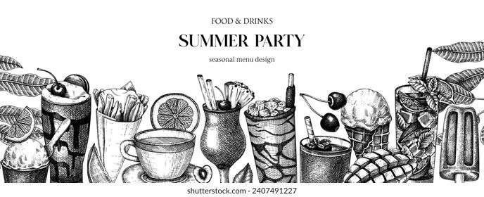 Summer party background. Non-alcoholic beverage, mocktail, ice cream, fruit, cocktail sketches. Hand drawn vector illustration. Summer food and drinks. Vintage bar menu. Tropical design