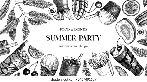 Summer party background. Non-alcoholic beverage, mocktail, ice cream, fruit, cocktail sketches. Hand drawn vector illustration. Summer food and drinks banner. Tropical frame design. 