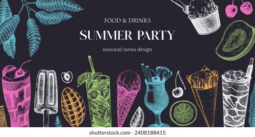 Summer party background. Non-alcoholic beverage, mocktail, ice cream, fruit, cocktail sketches. Hand drawn vector illustration. Summer food festival frame. Bar menu. Tropical design on chalkboard