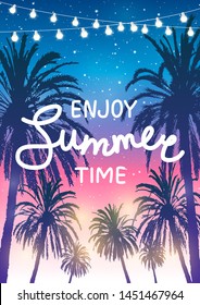 Summer party background with palm trees silhouettes on sunset sky