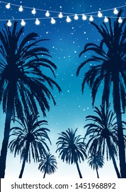 Summer party background with palm trees silhouettes on night starry sky