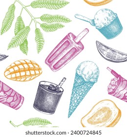 Summer party background. Tropical seamless pattern. Mango, ice cream, fruit, cocktail sketches. Hand drawn vector illustration. Summer food and drinks design. 