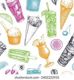 Summer party background. Tropical seamless pattern. Non-alcoholic beverage, mocktail, ice cream, fruit, cocktail sketches. Hand drawn vector illustration. Summer food and drinks design.