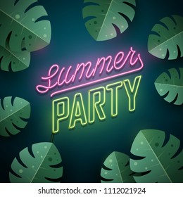 Summer party background. Vector neon sign.
