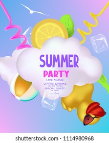 Summer party banner with summer an cocktail objects. Vector illustration
