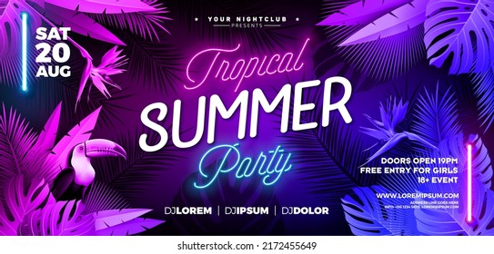 Summer Party Banner Design Template with Glowing Neon Light on Fluorescent Tropic Leaves Background. Vector Summer Celebration Holiday Illustration for Banner, Flyer, Invitation or Celebration Poster.