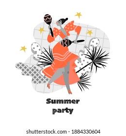 Summer party banner with funny dancing girl with maracas. Vector illustration in flat style