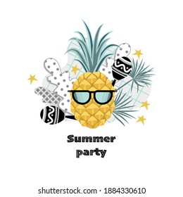 Summer party banner with funny pineapple in sunglasses with maracas. Vector illustration in flat style