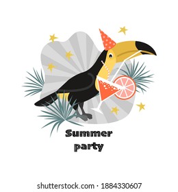 Summer party banner with funny toucan drinking cocktail. Vector illustration in flat style