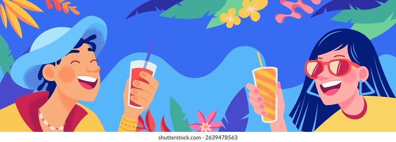 Summer Party Banner. Happy people on bright tropical background. Template for text, party invitation, summer sale
