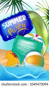 Summer party banner with inflatable toys and beach. Vector illustration