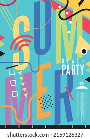Summer party banner or invitation card template with colorful shapes, letters and vector design elements. Funky playful poster design for beach party. 