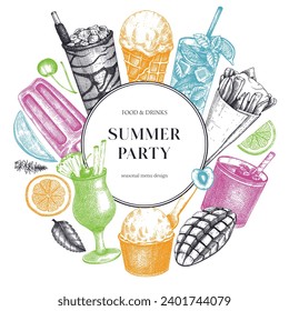 Summer party banner. Non-alcoholic beverage, mocktail, ice cream, fruit, cocktail sketches. Hand drawn vector illustration. Summer food and drinks. Bar menu. Tropical design