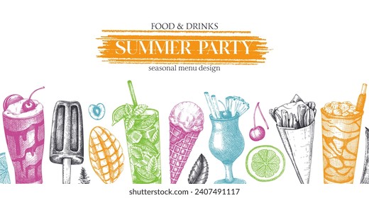 Summer party banner. Non-alcoholic beverage, mocktail, ice cream, fruit, cocktail sketches. Hand drawn vector illustration. Summer festival design, bar menu, tropical background