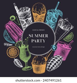 Cartel de la fiesta de verano. Bebida sin alcohol, cóctel, helado, fruta, bocetos. Ilustración vectorial dibujada a mano. Menú de bar de comida y bebida de verano. Diseño tropical en pizarra